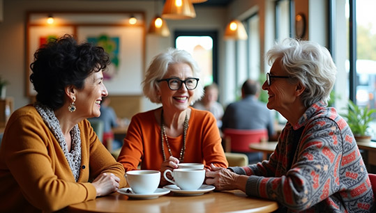 Three women are drinking coffee and talking.
