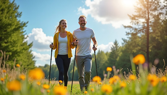 Мужчина и женщина в парке занимаются скандинавской ходьбой. A man and a woman are Nordic walking