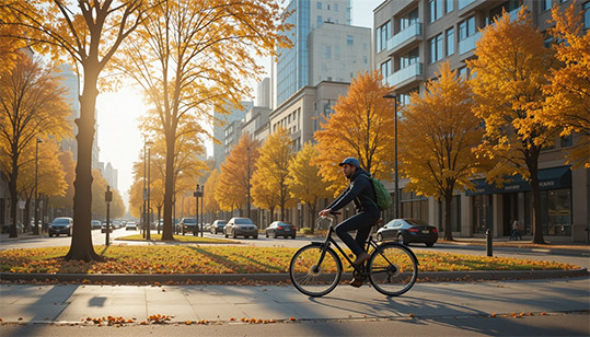 Autumn, a man rides a bicycle through the city to work