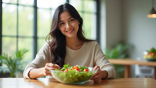 A woman eats a vegetarian salad